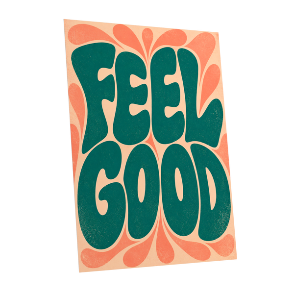 Feel Good Groove, green, orange, beige abstract wall art shown as a unframed poster wall art print