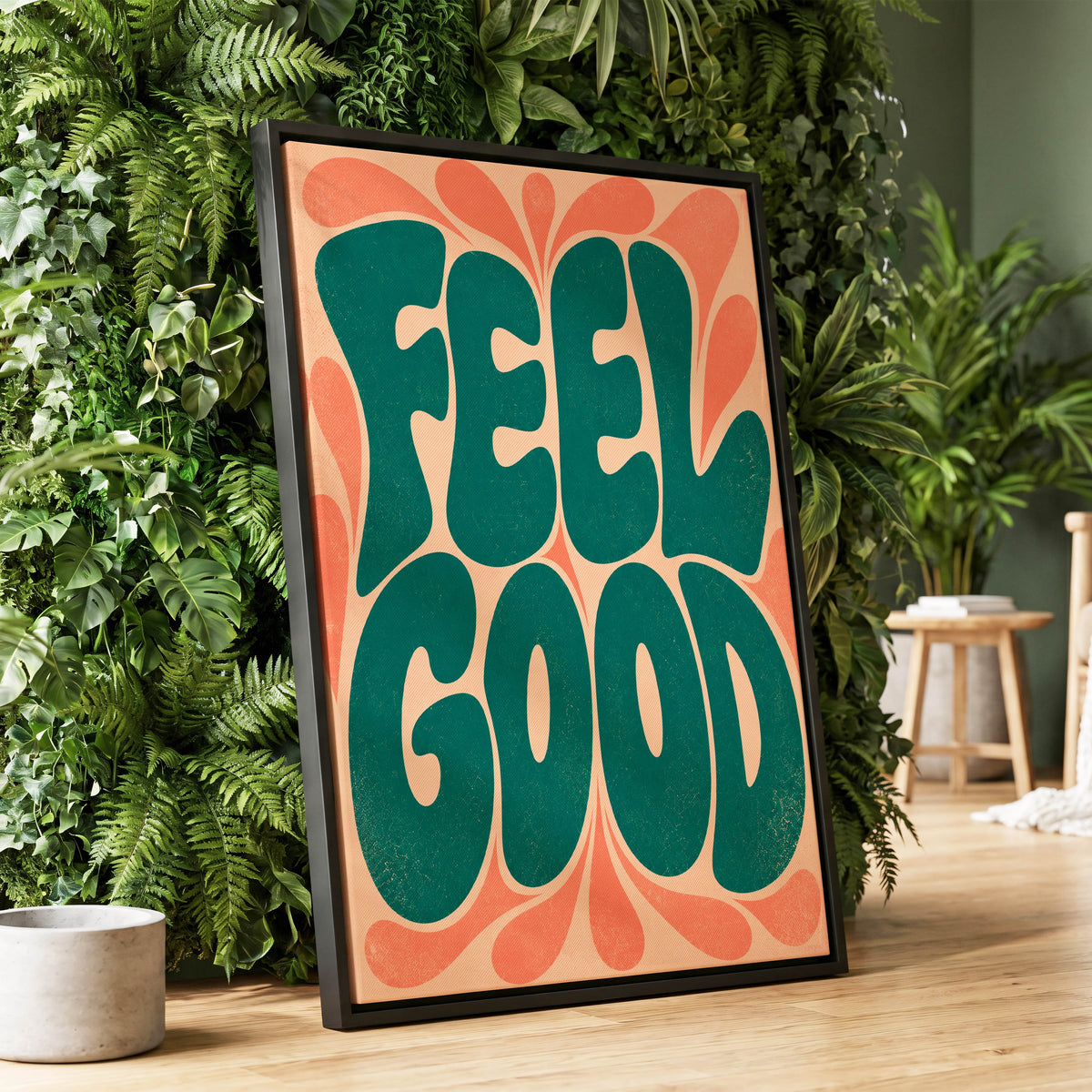 Feel Good Groove, green, orange, beige abstract wall art displayed in a styled interior, gallery view 1