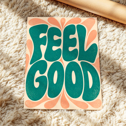Feel Good Groove, green, orange, beige abstract wall art displayed in a styled interior, gallery view 2