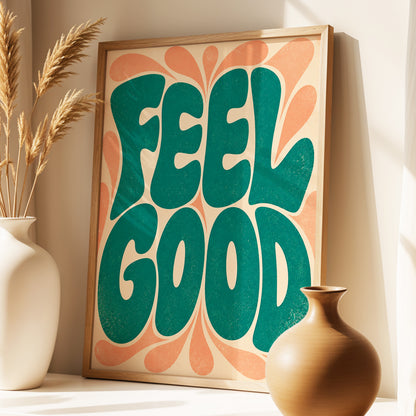 Feel Good Groove, green, orange, beige abstract wall art displayed in a styled interior, gallery view 3