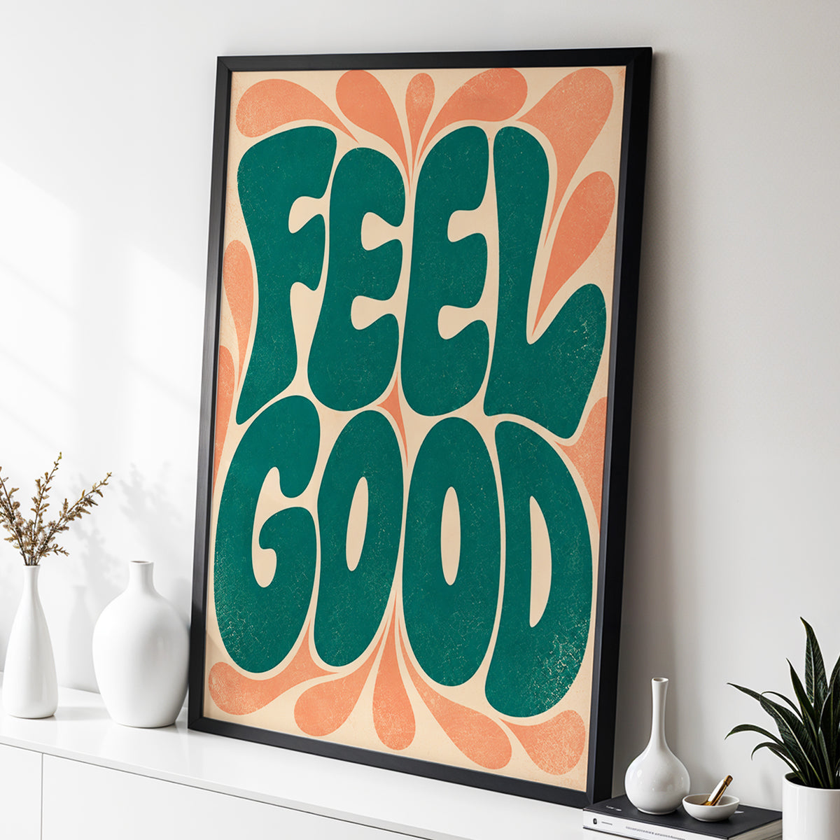 Feel Good Groove, green, orange, beige abstract wall art displayed in a styled interior, gallery view 4