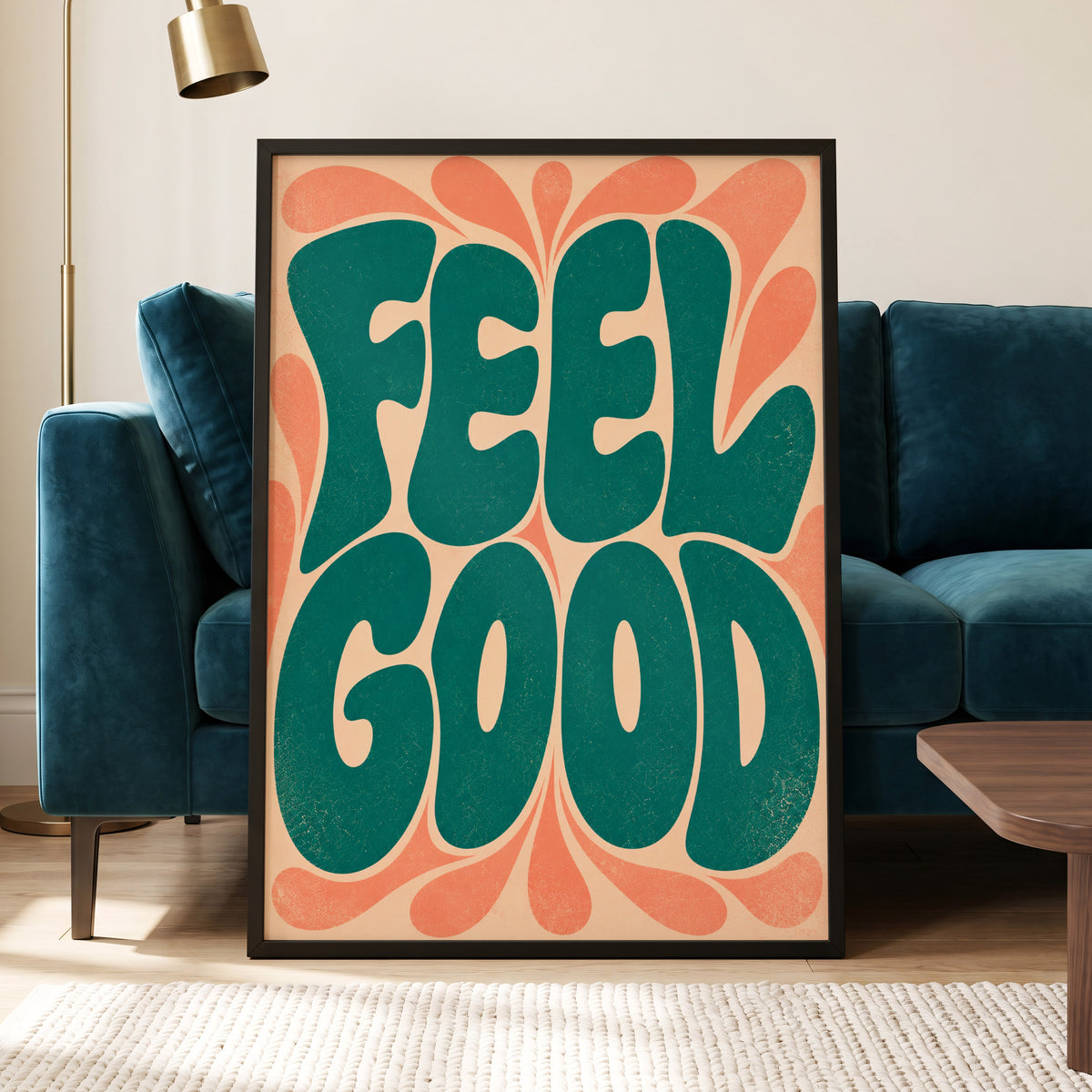 Feel Good Groove, green, orange, beige abstract wall art displayed in a styled interior, gallery view 5