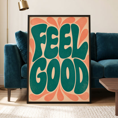 Feel Good Groove, green, orange, beige abstract wall art displayed in a styled interior, gallery view 5