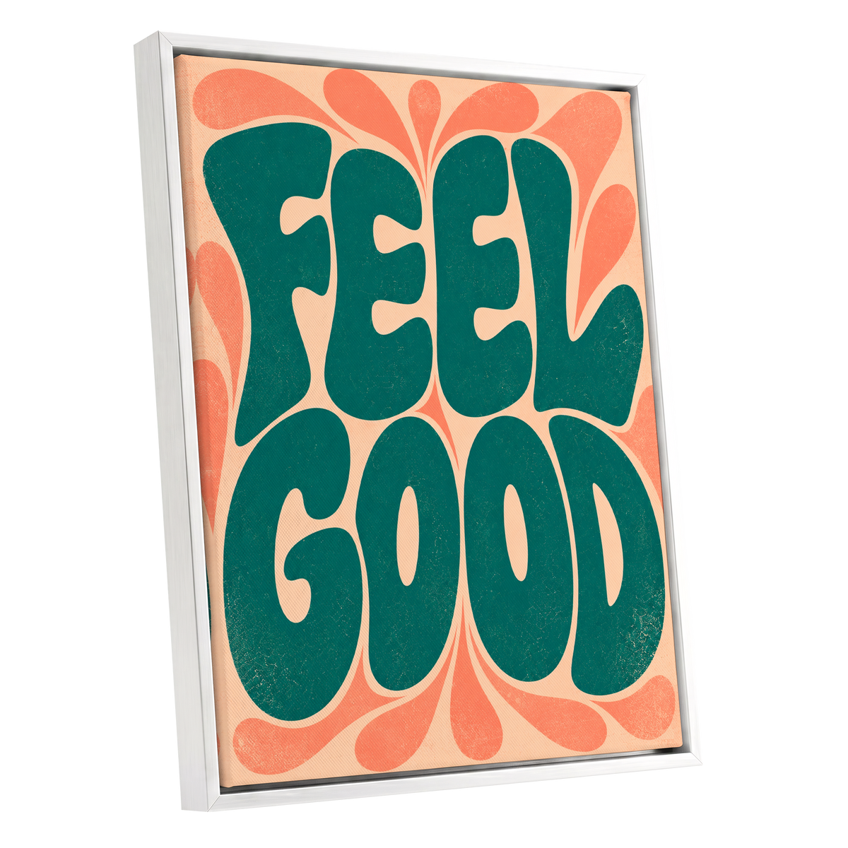 Feel Good Groove, green, orange, beige abstract wall art shown as a white framed canvas wall art