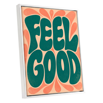 Feel Good Groove, green, orange, beige abstract wall art shown as a white framed canvas wall art