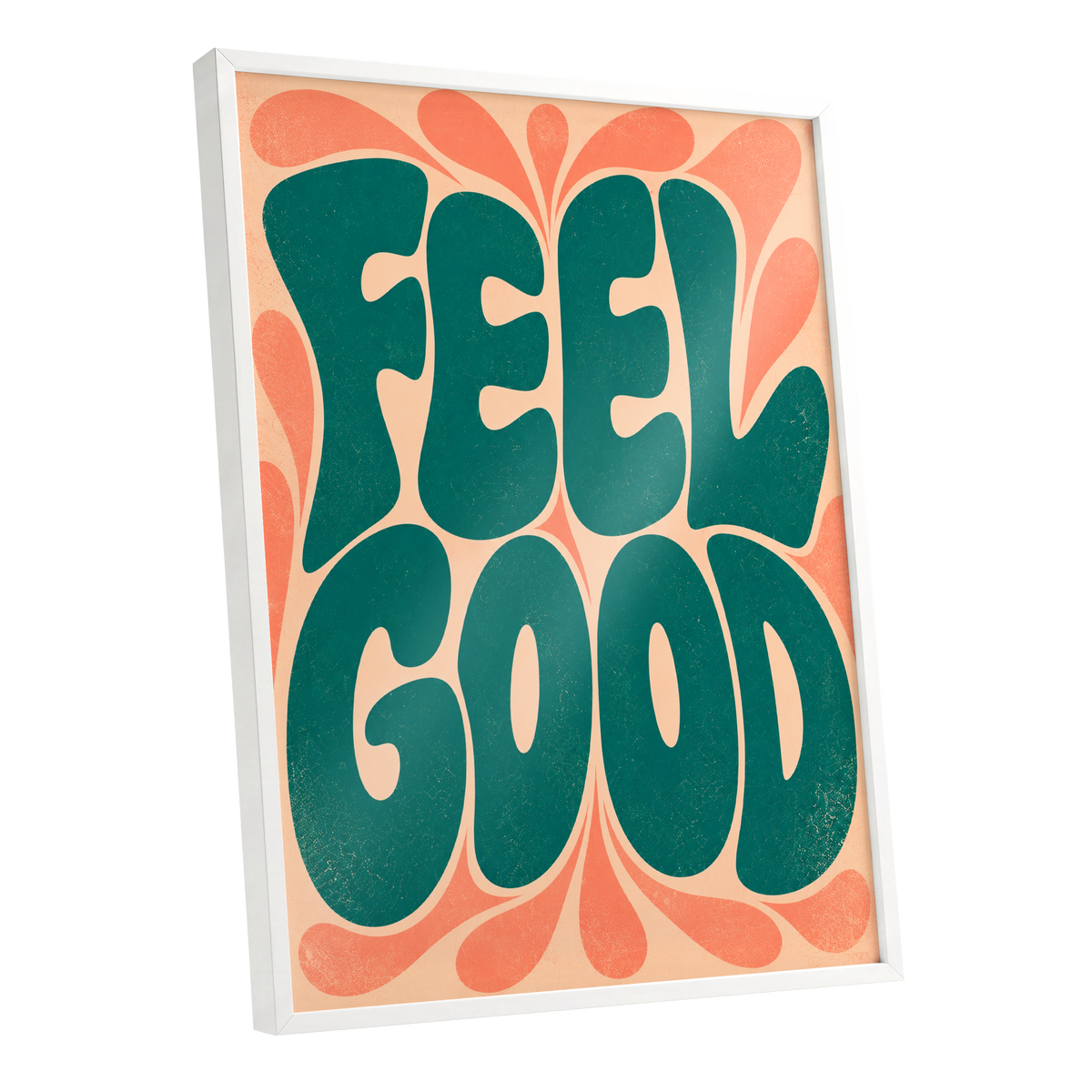 Feel Good Groove, green, orange, beige abstract wall art shown as a white framed poster wall art print