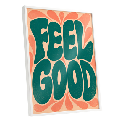 Feel Good Groove, green, orange, beige abstract wall art shown as a white framed poster wall art print