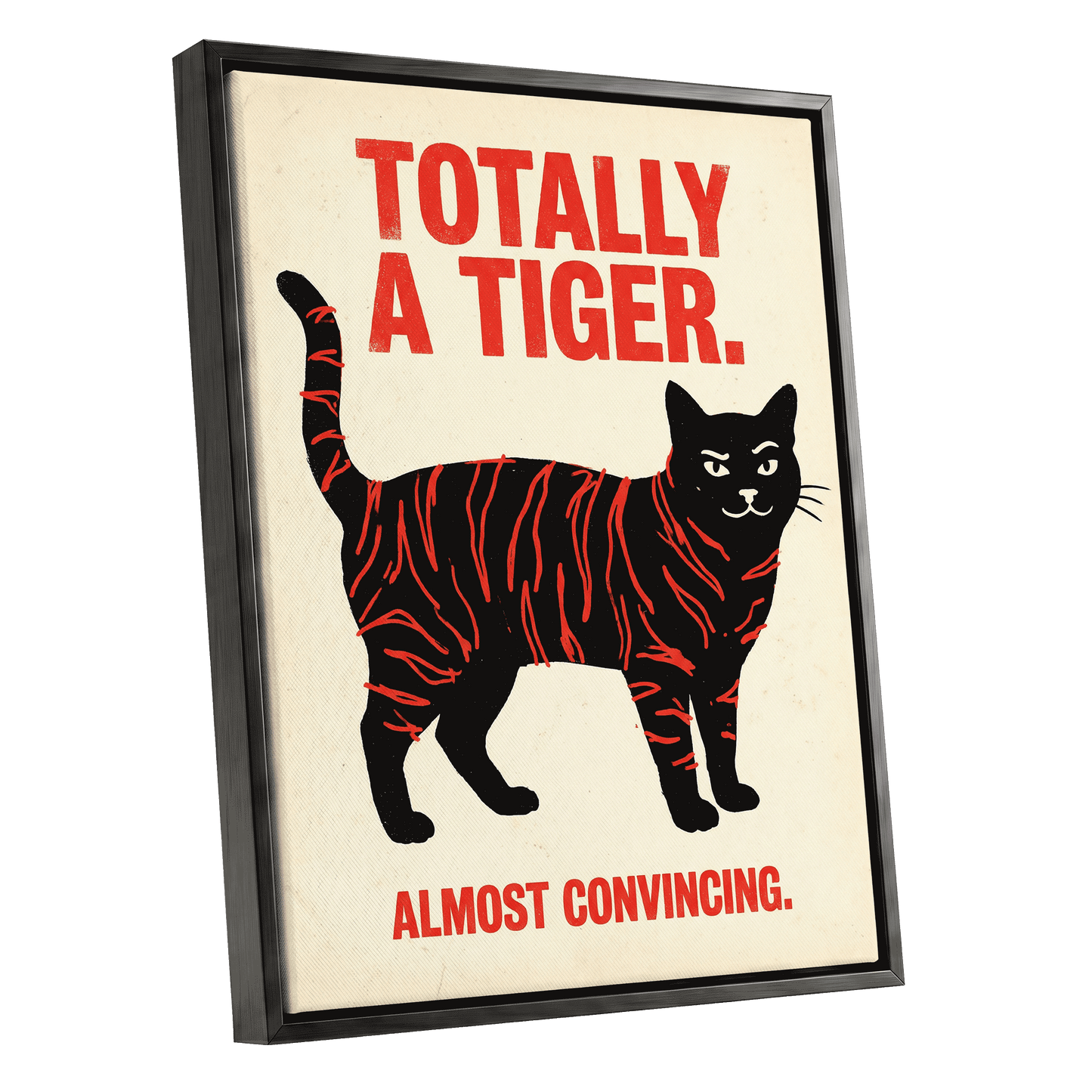 Feline in Tiger Mode, black, red, beige nature wall art shown as a black framed canvas wall art