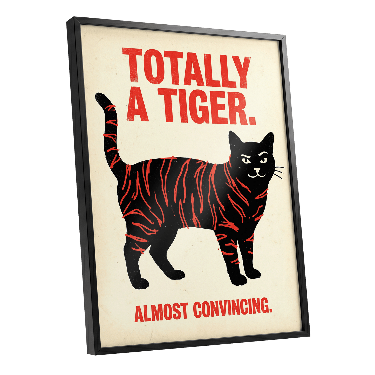 Feline in Tiger Mode, black, red, beige nature wall art shown as a black framed poster wall art print