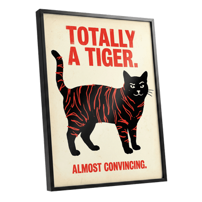 Feline in Tiger Mode, black, red, beige nature wall art shown as a black framed poster wall art print