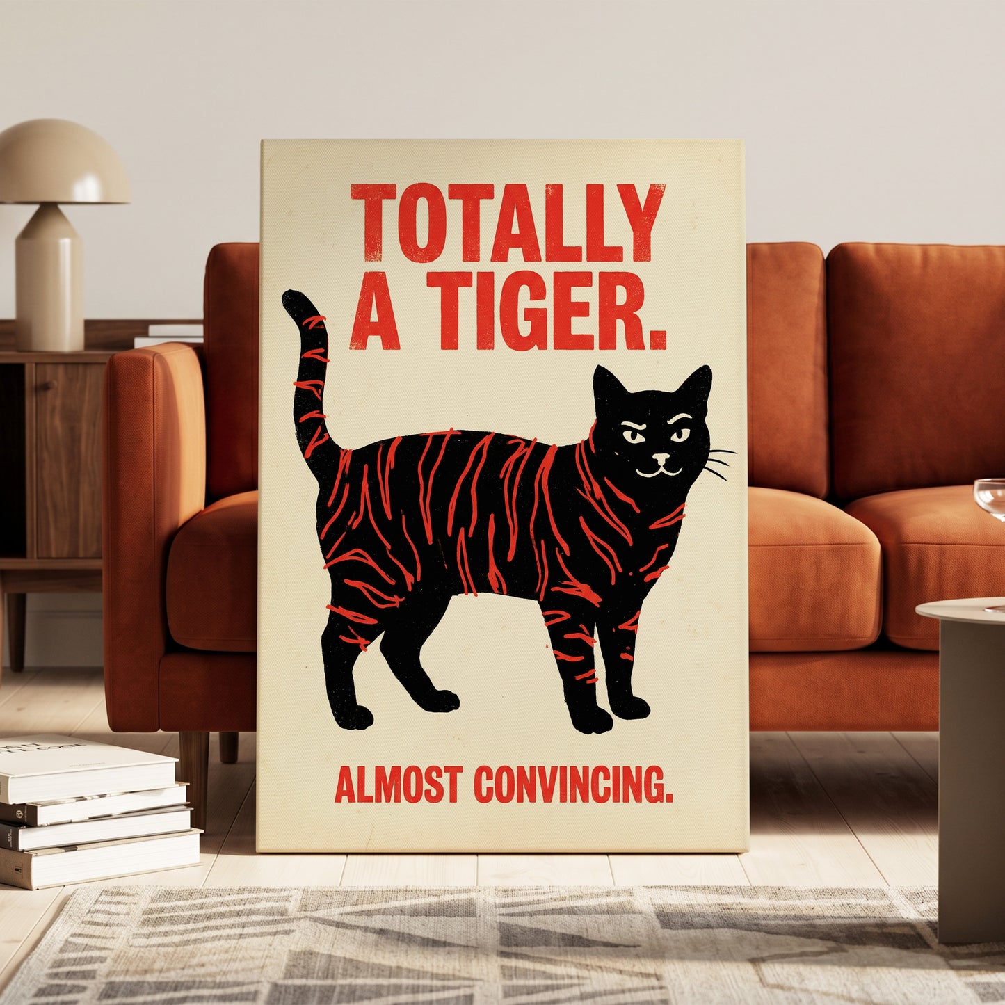 Feline in Tiger Mode, black, red, beige nature wall art on canvas displayed in a styled interior, gallery view 1