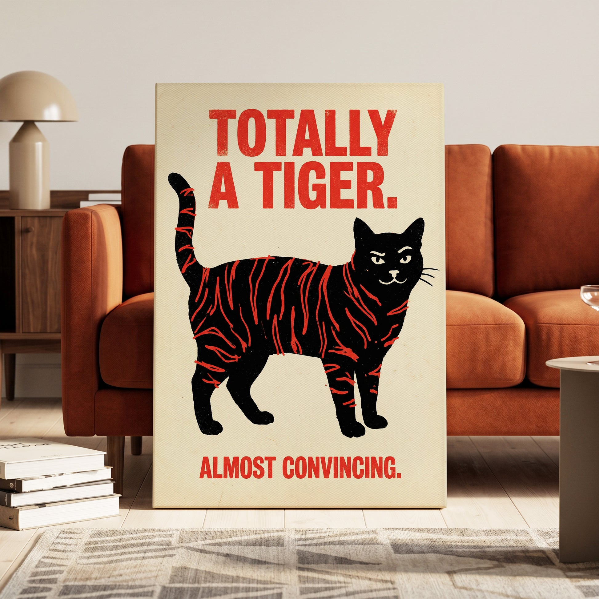 Feline in Tiger Mode, black, red, beige nature wall art on canvas displayed in a styled interior, gallery view 1