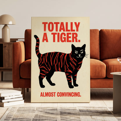 Feline in Tiger Mode, black, red, beige nature wall art on canvas displayed in a styled interior, gallery view 1
