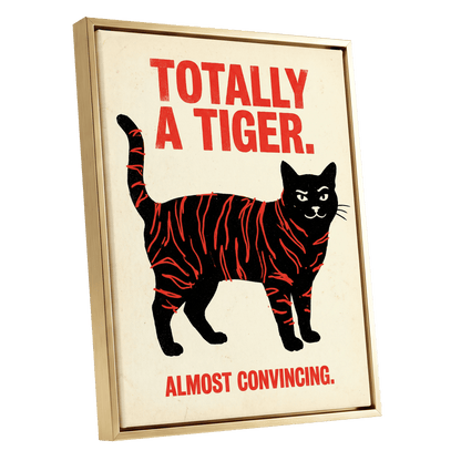Feline in Tiger Mode, black, red, beige nature wall art shown as a gold framed canvas wall art