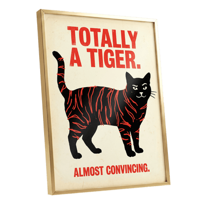 Feline in Tiger Mode, black, red, beige nature wall art shown as a gold framed poster wall art print