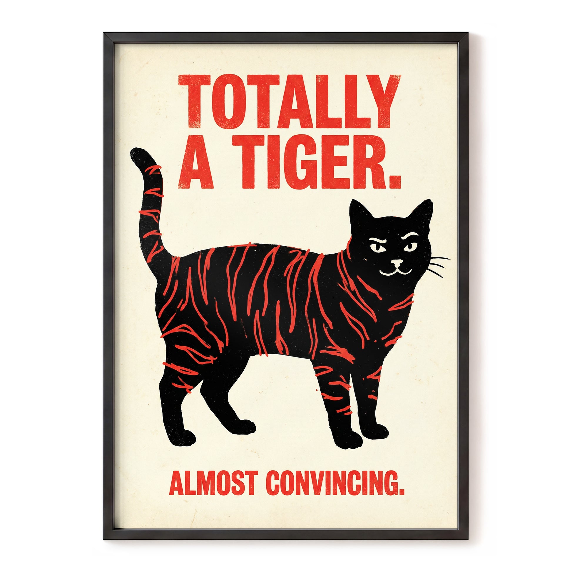 Feline in Tiger Mode, black, red, beige nature wall art, front artwork view