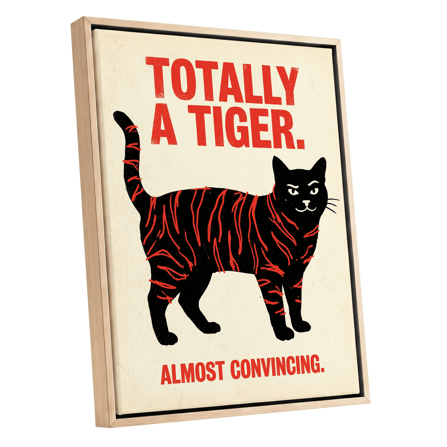 Feline in Tiger Mode, black, red, beige nature wall art shown as a oak framed canvas wall art