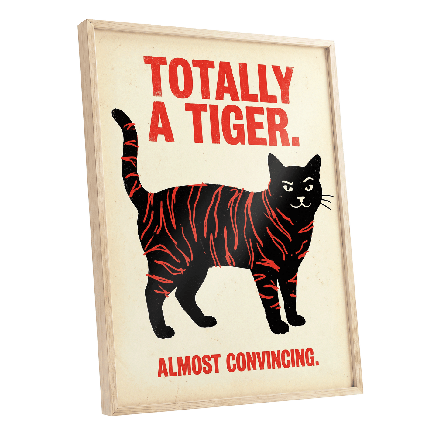 Feline in Tiger Mode, black, red, beige nature wall art shown as a oak framed poster wall art print