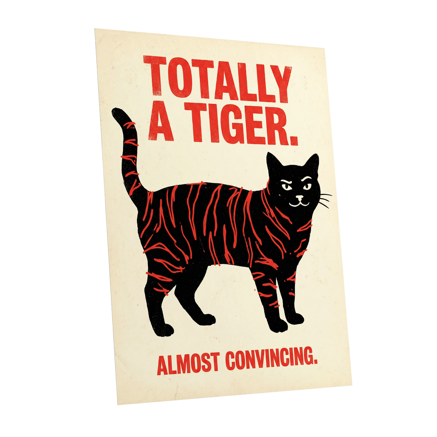 Feline in Tiger Mode, black, red, beige nature wall art shown as a unframed poster wall art print