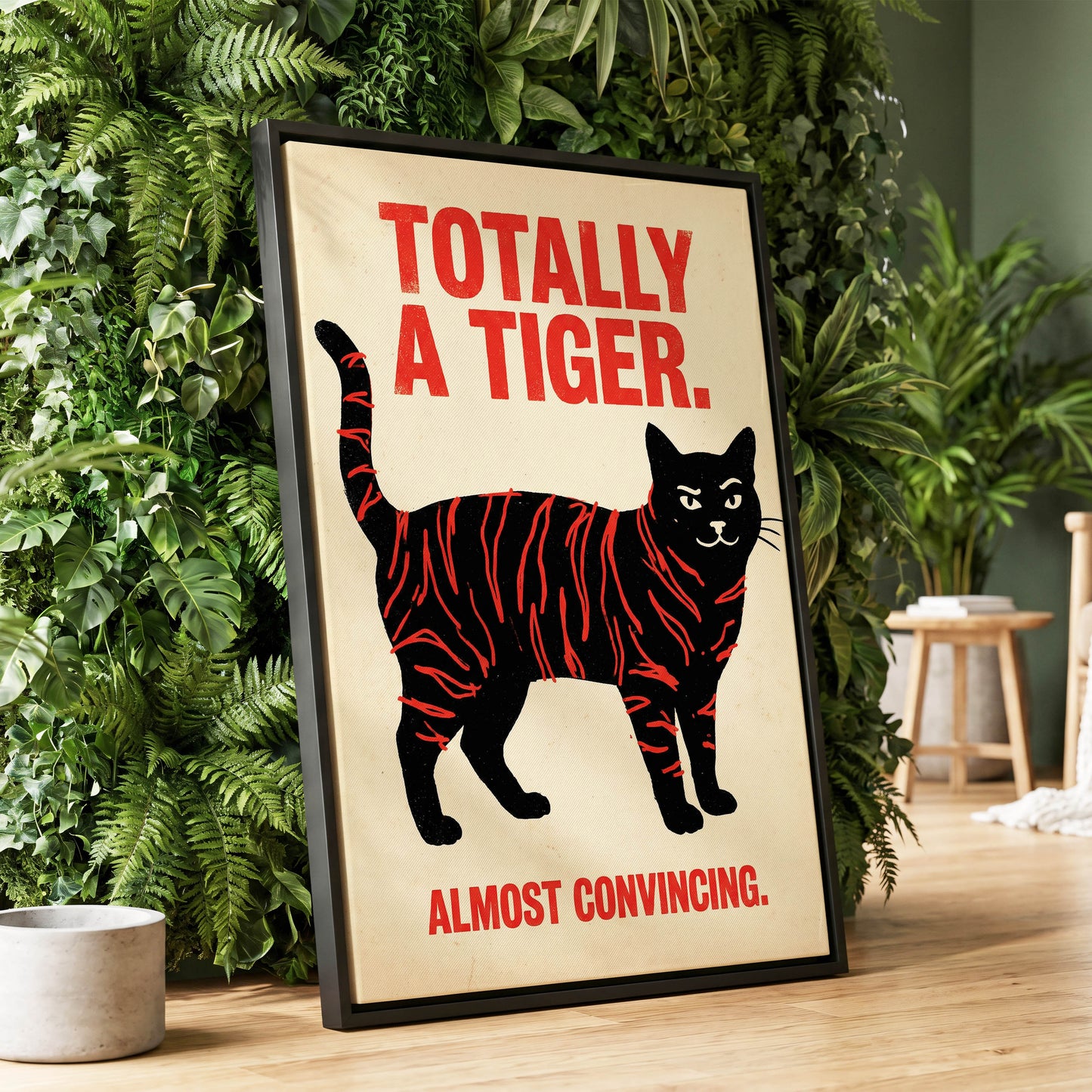 Feline in Tiger Mode, black, red, beige nature wall art displayed in a styled interior, gallery view 1