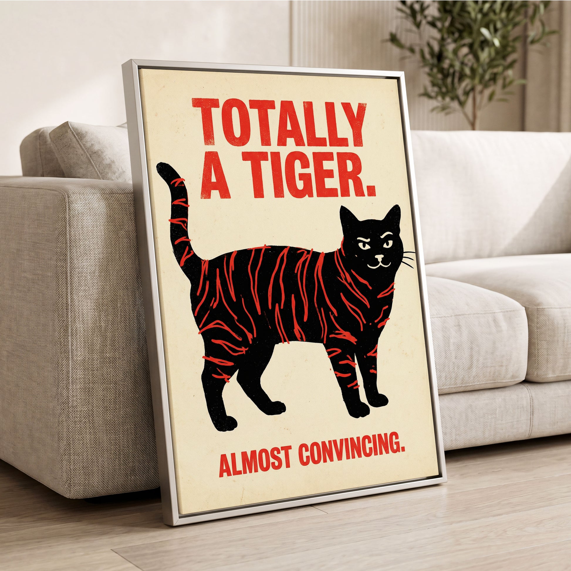 Feline in Tiger Mode, black, red, beige nature wall art displayed in a styled interior, gallery view 2