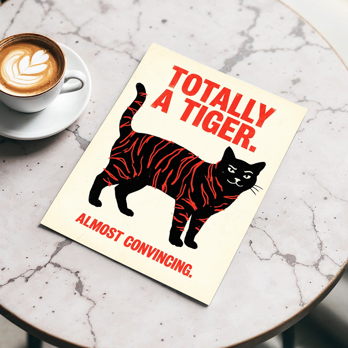 Feline in Tiger Mode, black, red, beige nature wall art displayed in a styled interior, gallery view 3