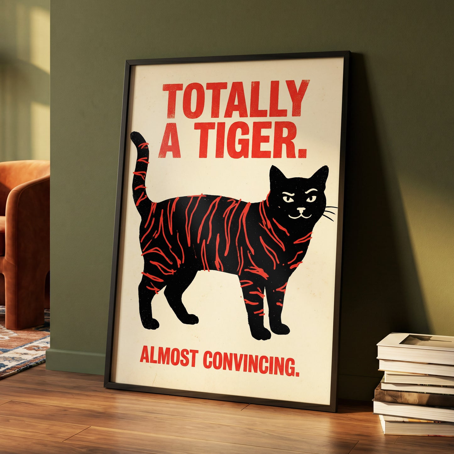 Feline in Tiger Mode, black, red, beige nature wall art displayed in a styled interior, gallery view 4