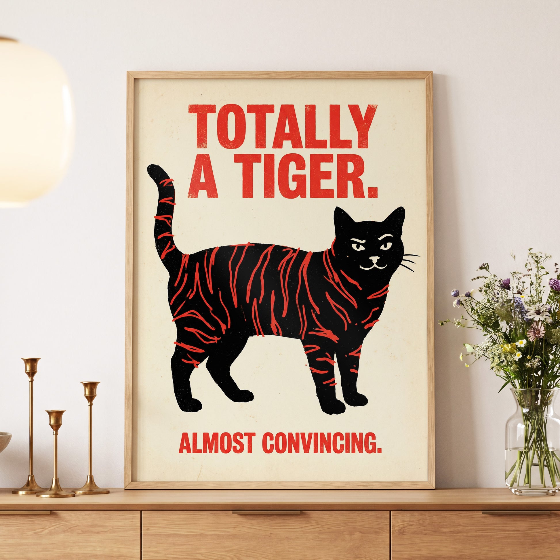 Feline in Tiger Mode, black, red, beige nature wall art displayed in a styled interior, gallery view 5
