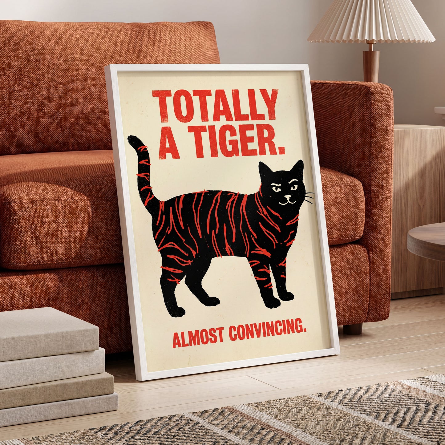 Feline in Tiger Mode, black, red, beige nature wall art displayed in a styled interior, gallery view 6