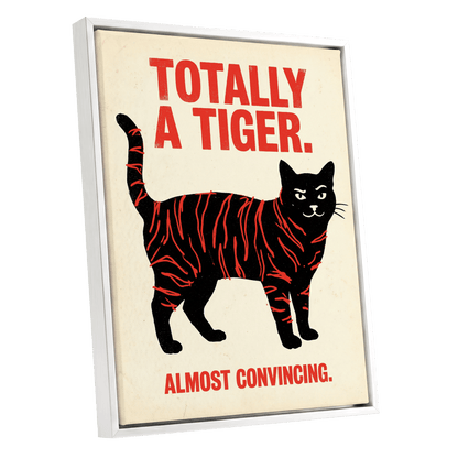 Feline in Tiger Mode, black, red, beige nature wall art shown as a white framed canvas wall art