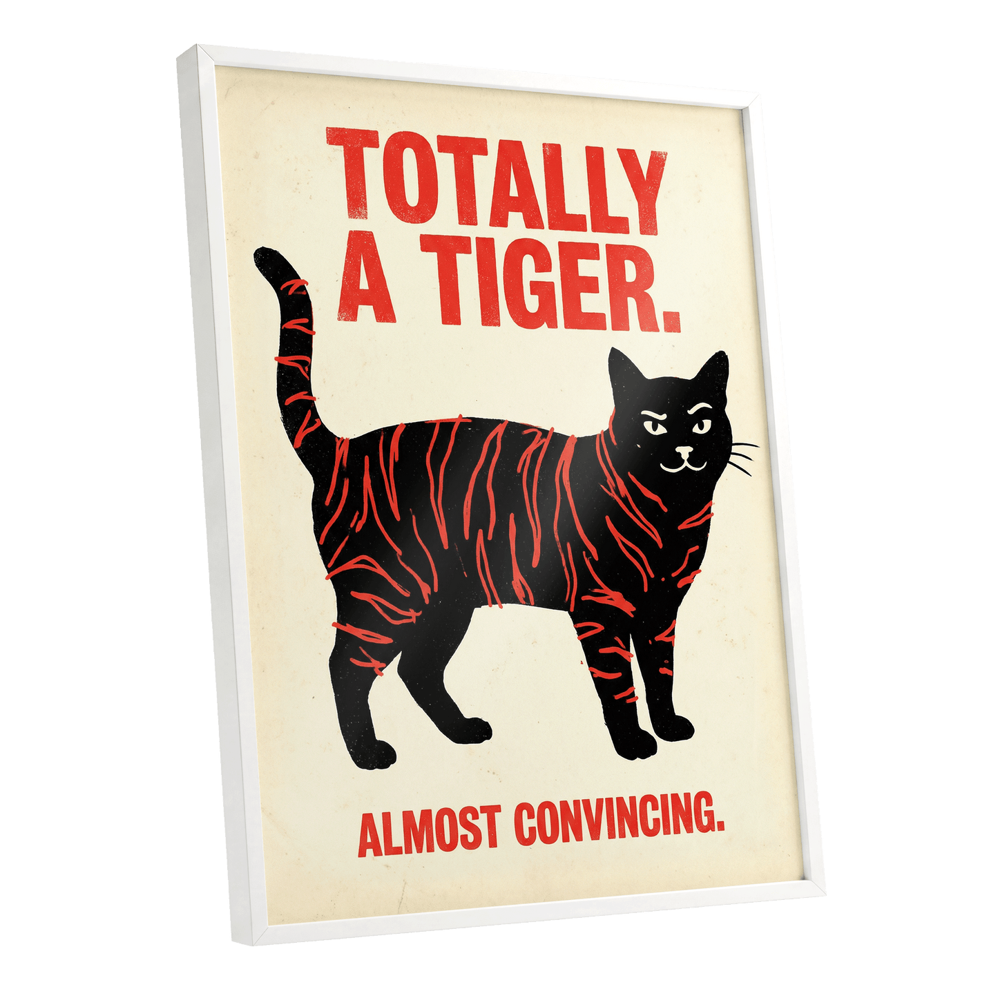 Feline in Tiger Mode, black, red, beige nature wall art shown as a white framed poster wall art print