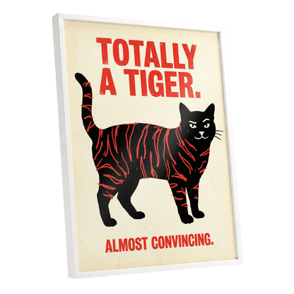 Feline in Tiger Mode, black, red, beige nature wall art shown as a white framed poster wall art print