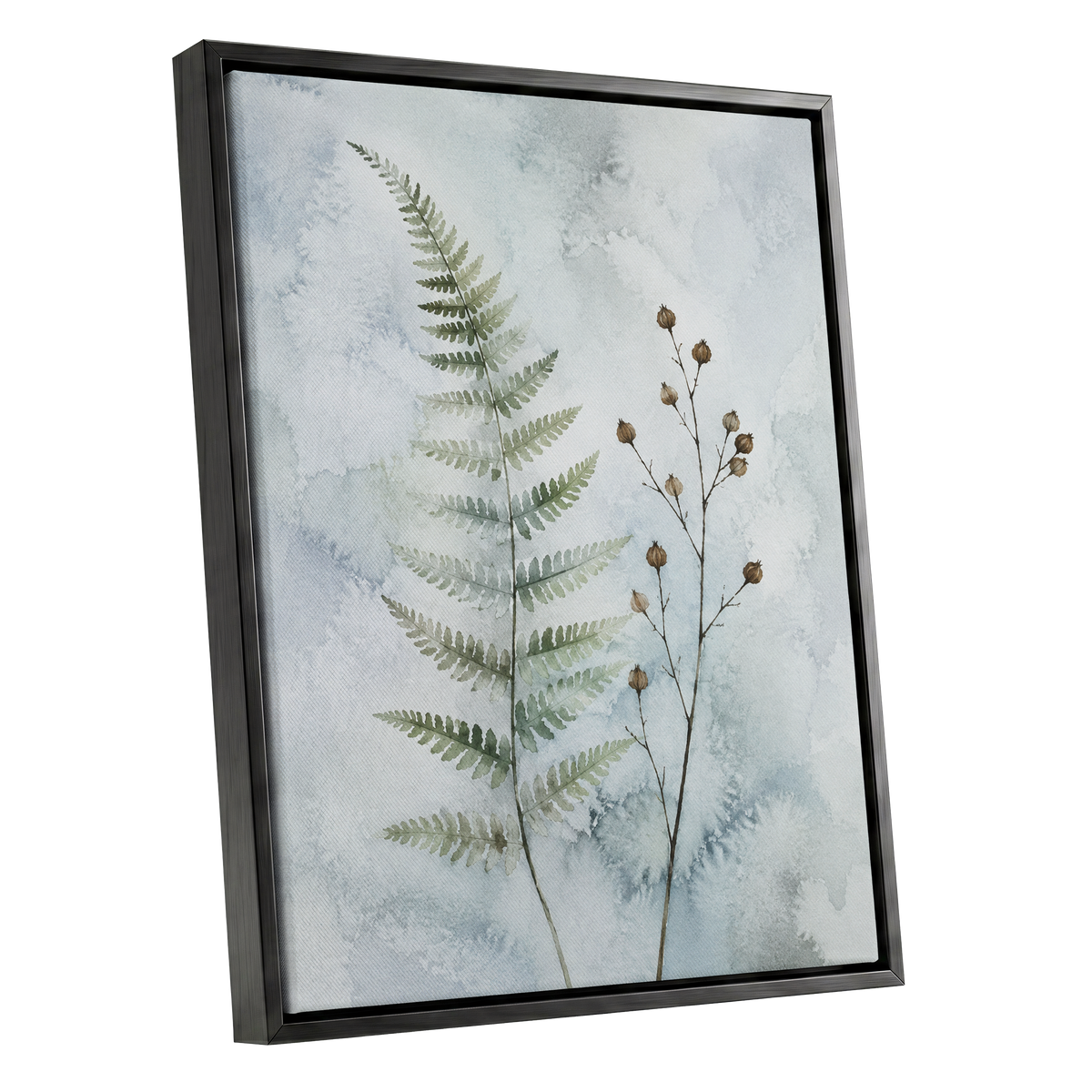 Fern & Seedpod Reverie, green, blue, gray nature wall art shown as a black framed canvas wall art