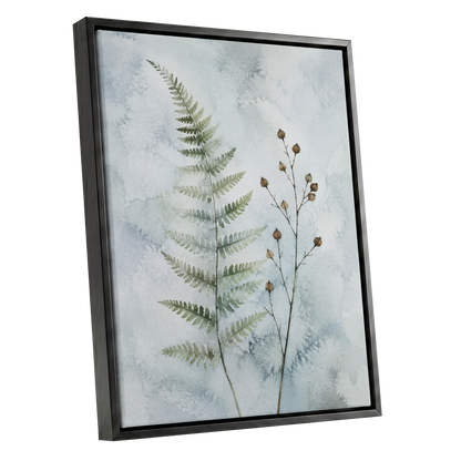 Fern & Seedpod Reverie, green, blue, gray nature wall art shown as a black framed canvas wall art