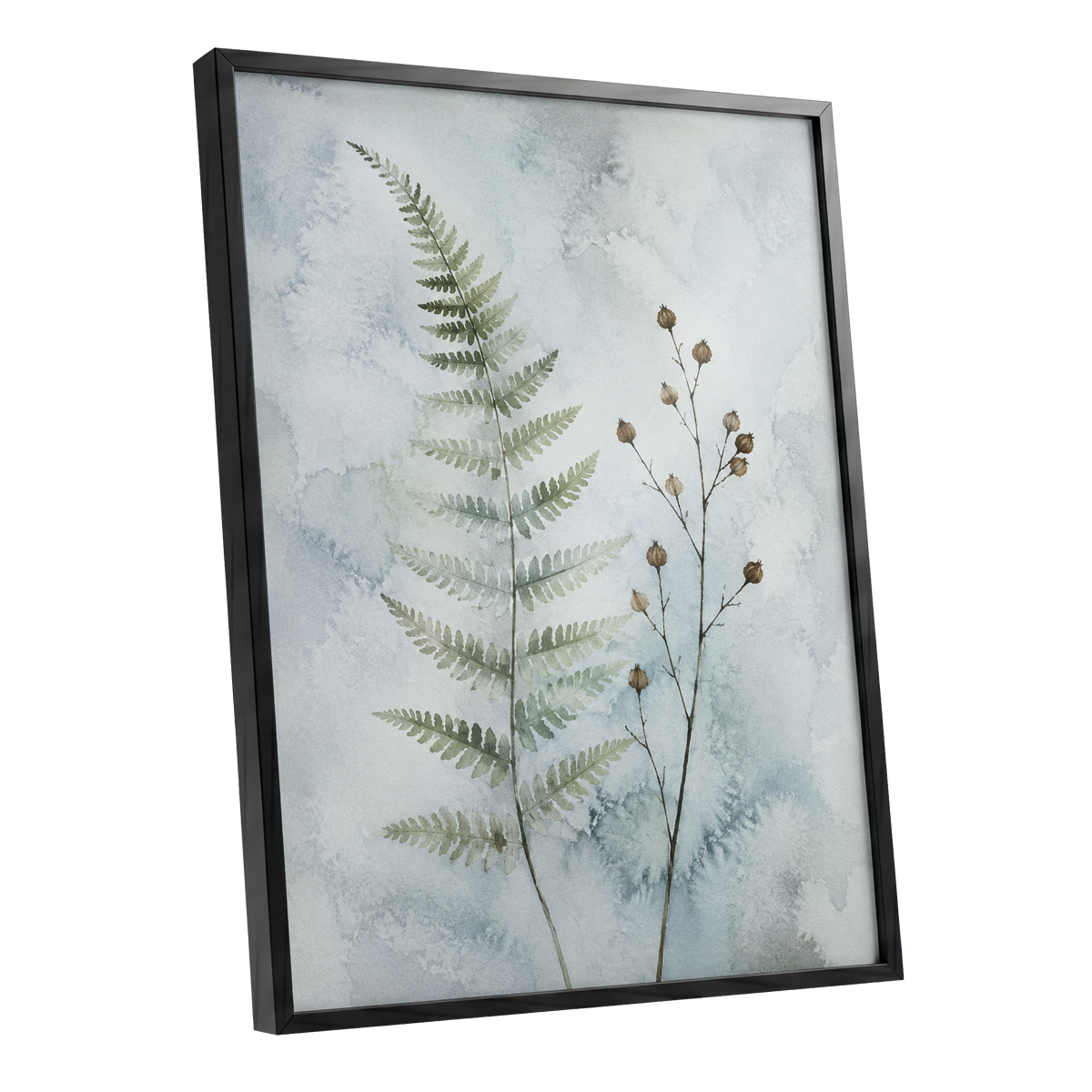 Fern & Seedpod Reverie, green, blue, gray nature wall art shown as a black framed poster wall art print