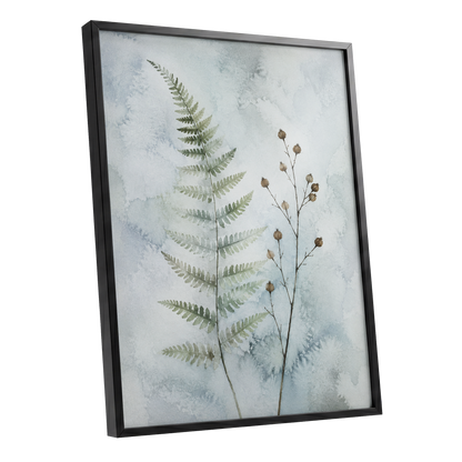 Fern & Seedpod Reverie, green, blue, gray nature wall art shown as a black framed poster wall art print