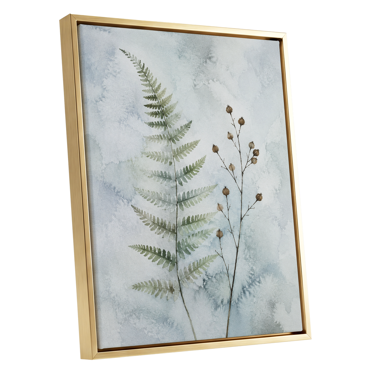 Fern & Seedpod Reverie, green, blue, gray nature wall art shown as a gold framed canvas wall art