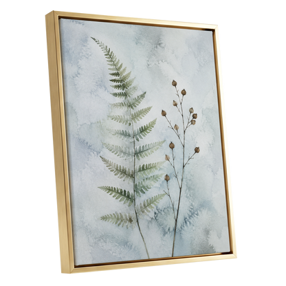 Fern & Seedpod Reverie, green, blue, gray nature wall art shown as a gold framed canvas wall art
