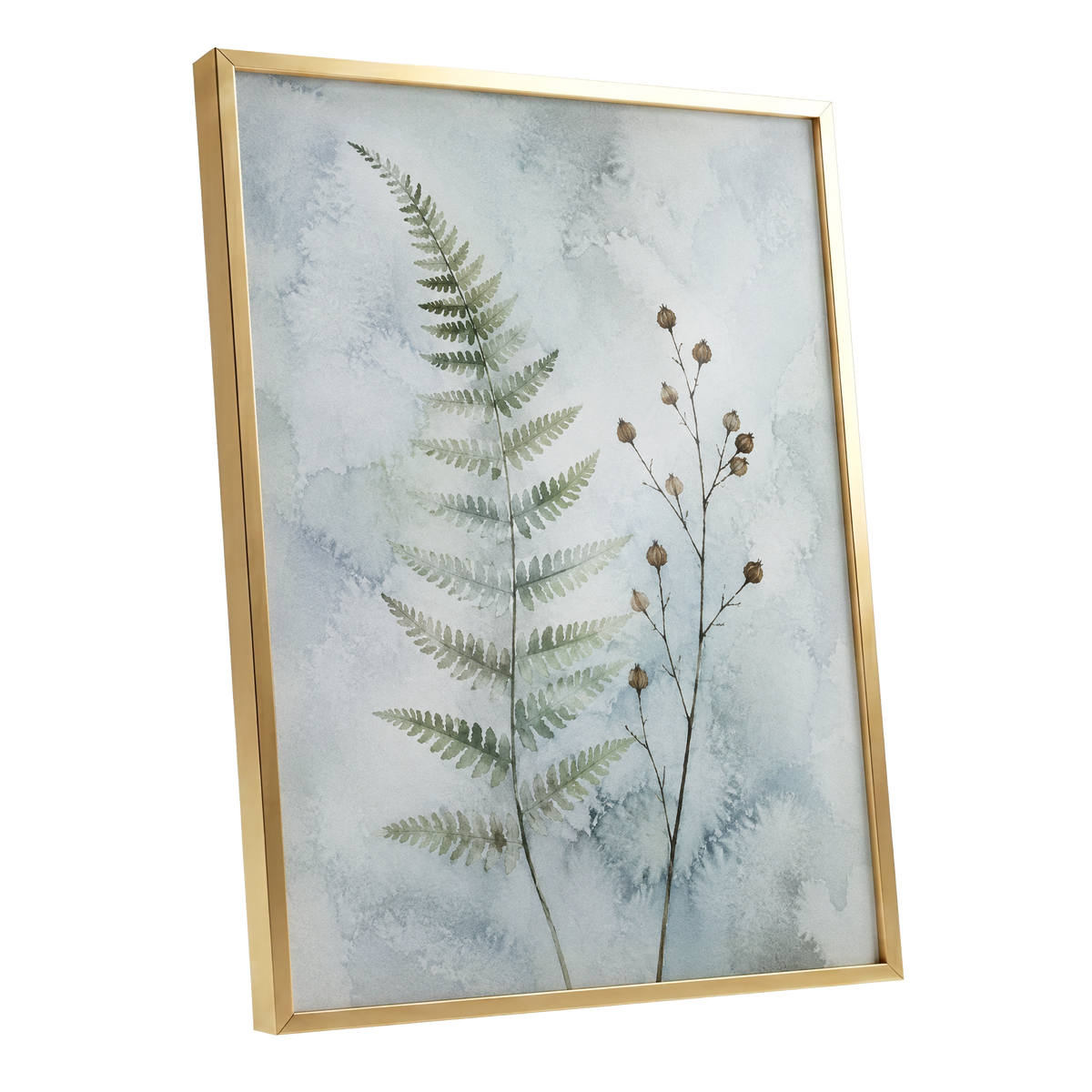 Fern & Seedpod Reverie, green, blue, gray nature wall art shown as a gold framed poster wall art print