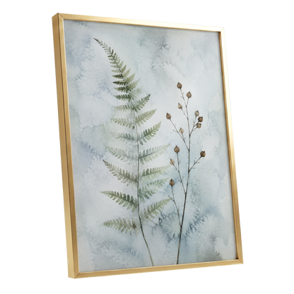 Fern & Seedpod Reverie, green, blue, gray nature wall art shown as a gold framed poster wall art print