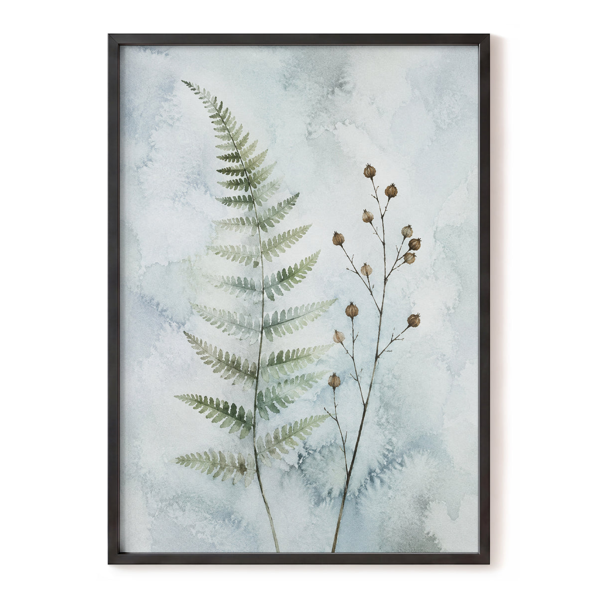Fern & Seedpod Reverie, green, blue, gray nature wall art, front artwork view