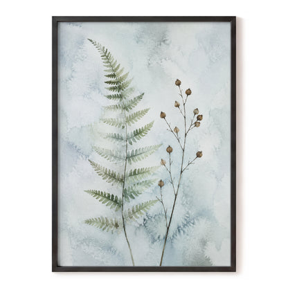 Fern & Seedpod Reverie, green, blue, gray nature wall art, front artwork view