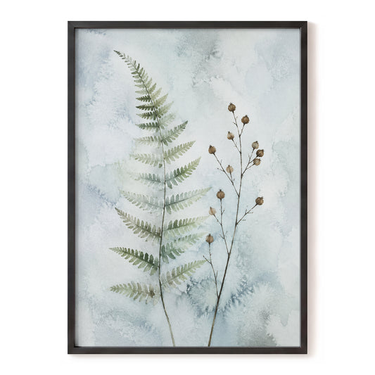 Fern & Seedpod Reverie, green, blue, gray nature wall art, front artwork view