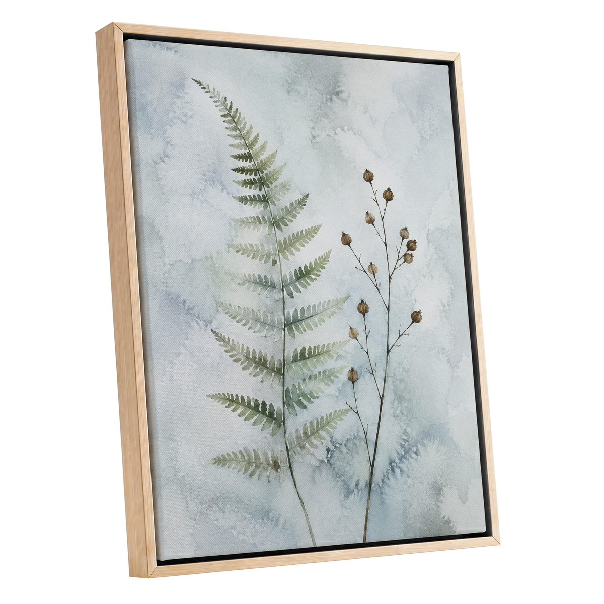 Fern & Seedpod Reverie, green, blue, gray nature wall art shown as a oak framed canvas wall art