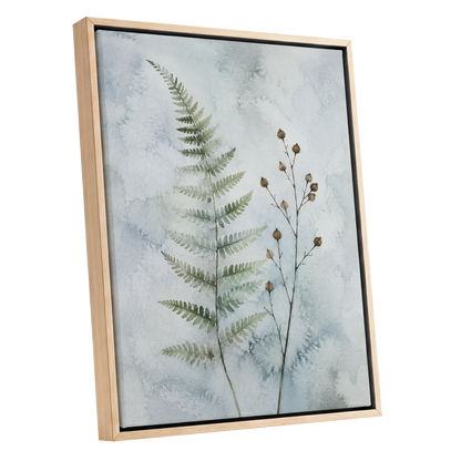 Fern & Seedpod Reverie, green, blue, gray nature wall art shown as a oak framed canvas wall art