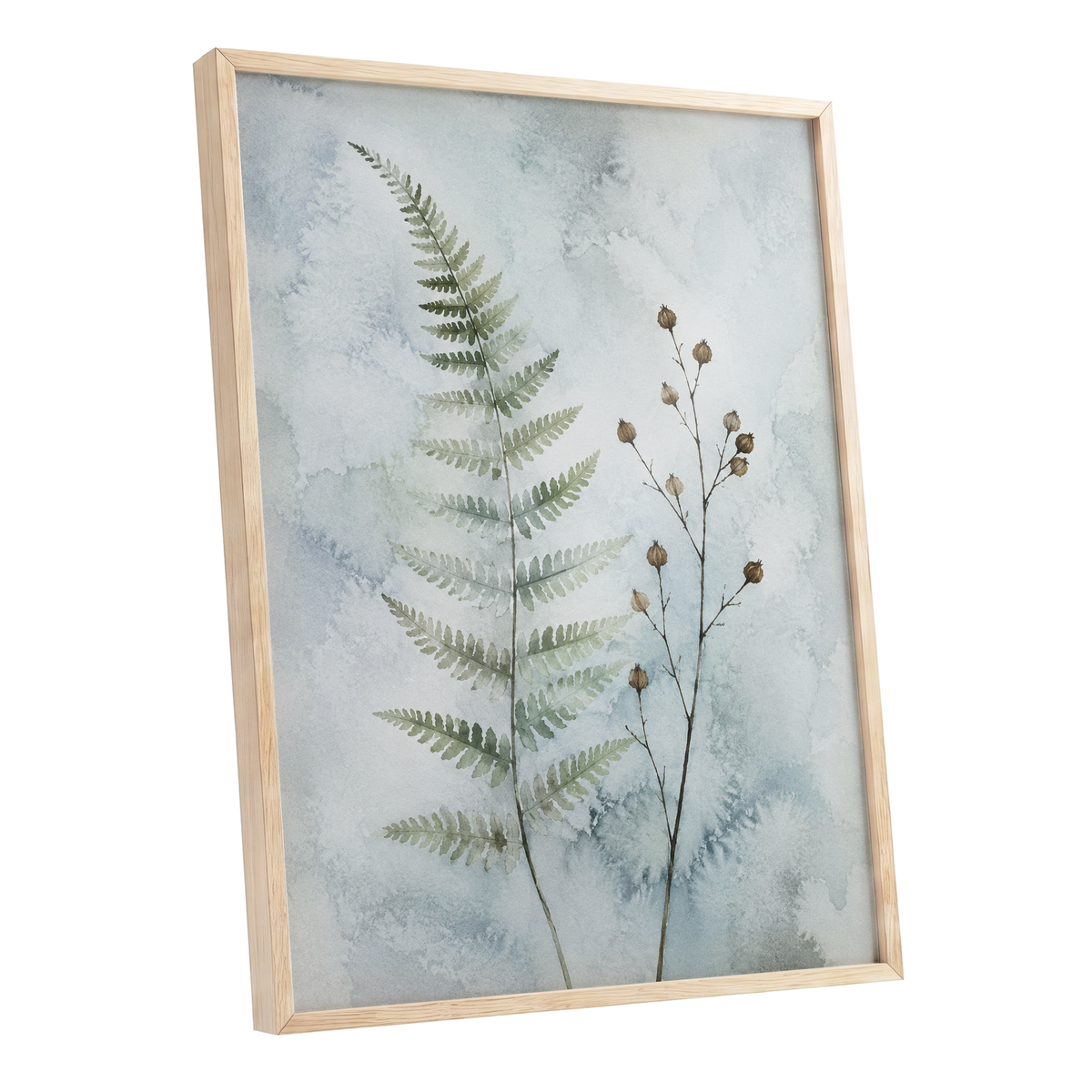 Fern & Seedpod Reverie, green, blue, gray nature wall art shown as a oak framed poster wall art print