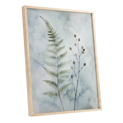 Fern & Seedpod Reverie, green, blue, gray nature wall art shown as a oak framed poster wall art print