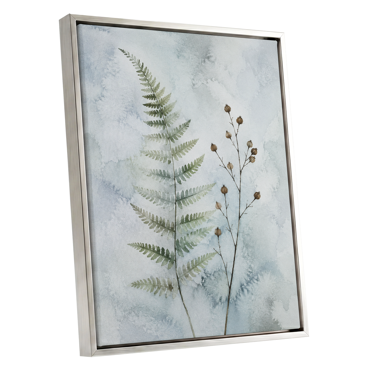 Fern & Seedpod Reverie, green, blue, gray nature wall art shown as a silver framed canvas wall art
