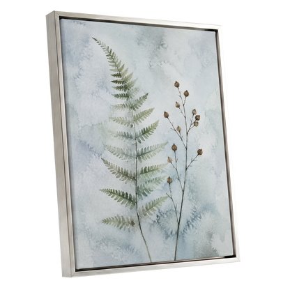 Fern & Seedpod Reverie, green, blue, gray nature wall art shown as a silver framed canvas wall art