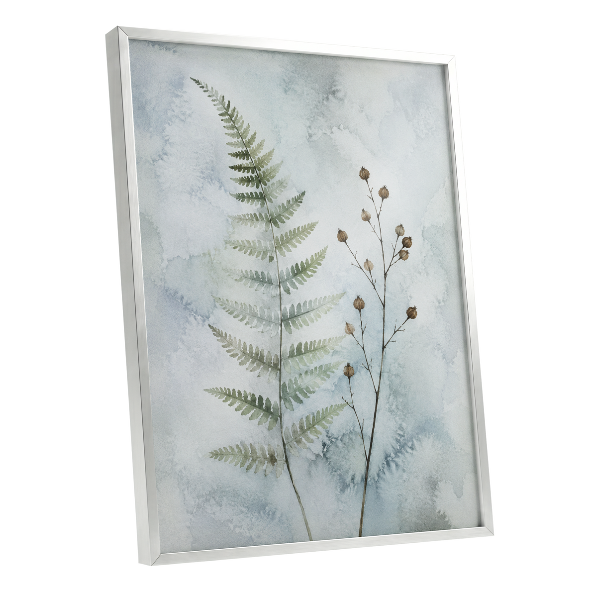 Fern & Seedpod Reverie, green, blue, gray nature wall art shown as a silver framed poster wall art print